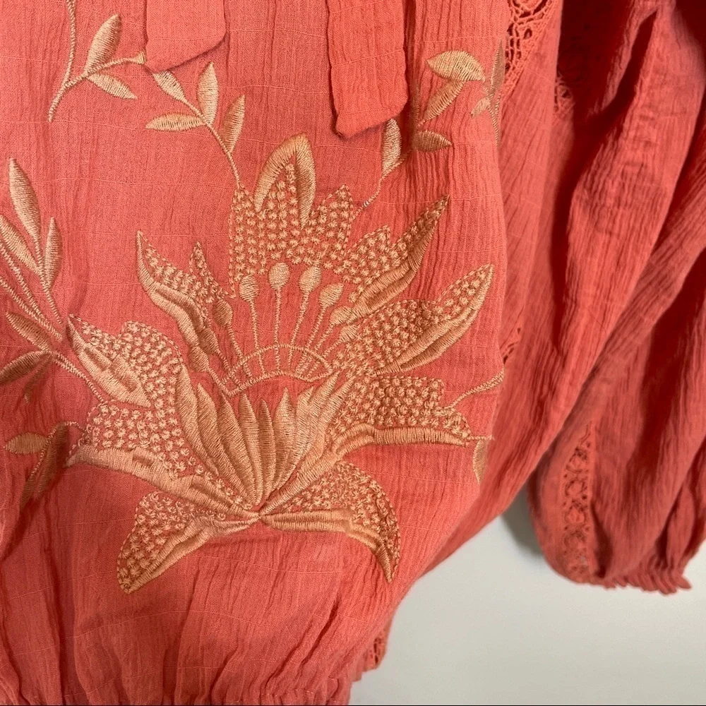 Free People Terra Cotta Maria Maria Top Ribbon Tie Gathered Waist Embroidery M